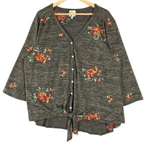 Womens Top 3X Boho Chic Floral Embroidered‎ Peasant Tie Front Button Up Earthy